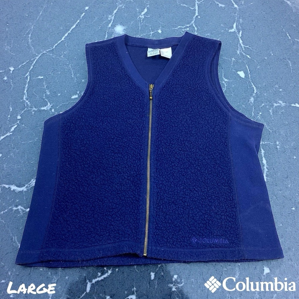 VTG Columbia Vest Jacket Womens LARGE Blue Fleece Sherpa Zip Up Outdoors USA 90s